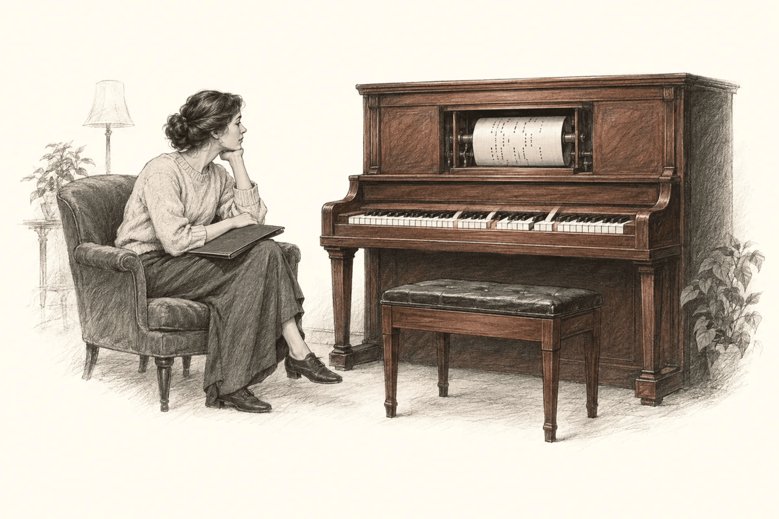 A woman watches a player piano perform on its own.