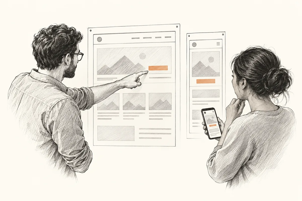 Two developers compare desktop and mobile website layouts on a wall, one pointing to an orange button while the other holds a matching phone page.