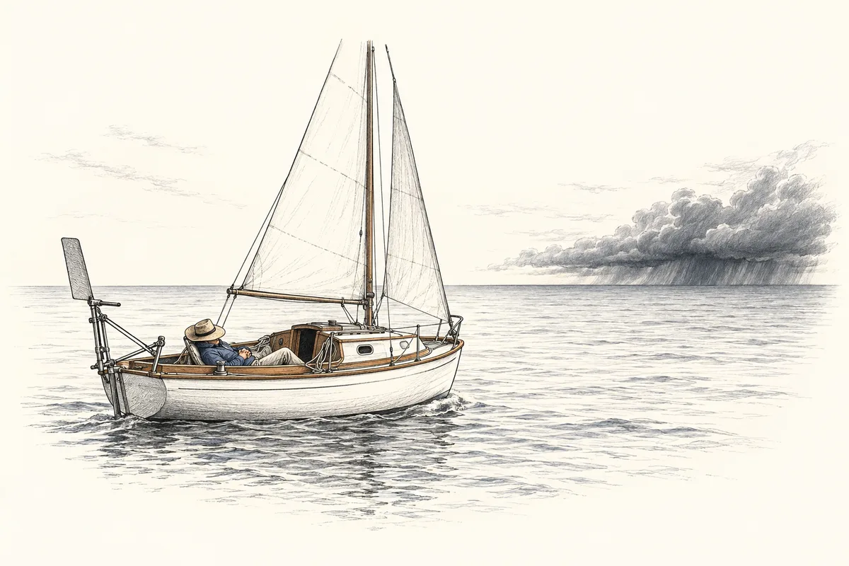 A sailor dozes while a wind vane steers the boat, as a squall gathers on the horizon ahead.