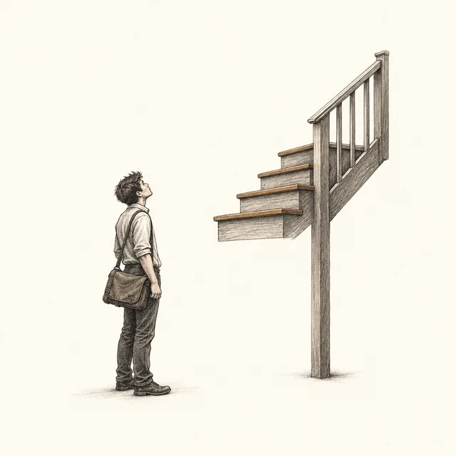 A newcomer stands before a staircase whose missing bottom steps make the remaining stairs inaccessible.