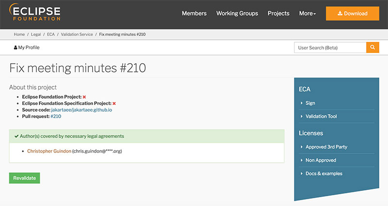 ECA validation details page showing the revalidate button and links
